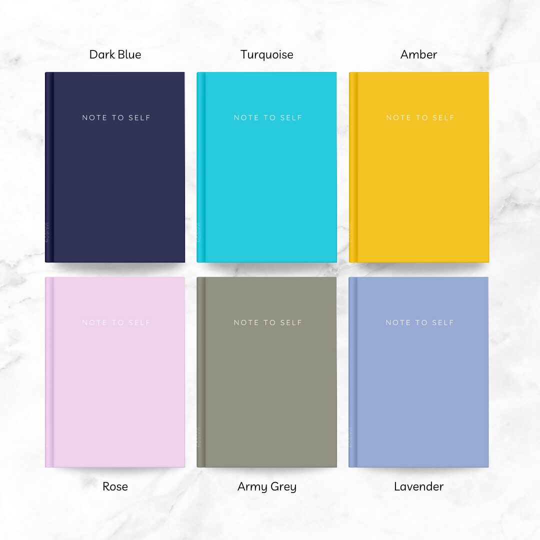 Six colorways in Maison Peters™ Signature Colors Note to Self Notebook Collection - dark blue, turquoise, amber, rose, army grey, and lavender.