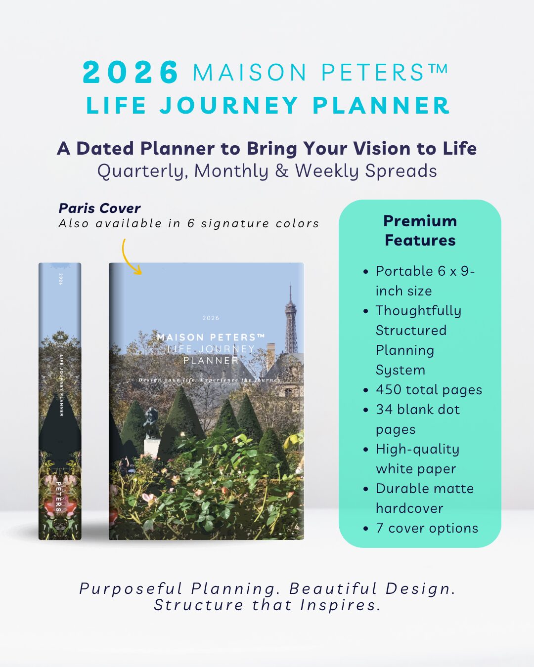 2026 Maison Peters Life Journey Planner — A dated weekly planner to bring your vision to life. Paris cover shown, also available in six signature colors.